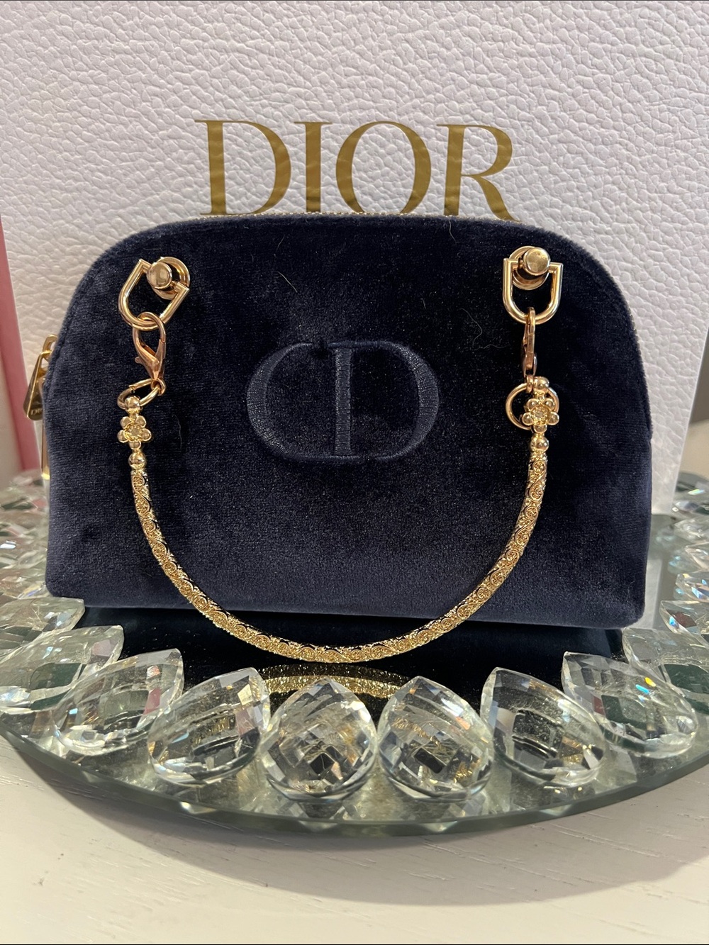 Dior Navy Velvet Pouch with Gold Handles